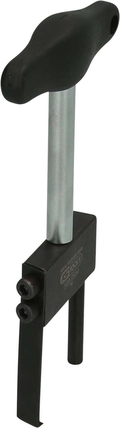 Ein schwarzer T-Griff-Werkzeug mit zwei Zinken und einem silbernen Schaft, verwendet zum Entfernen von Fahrradkurbeln.