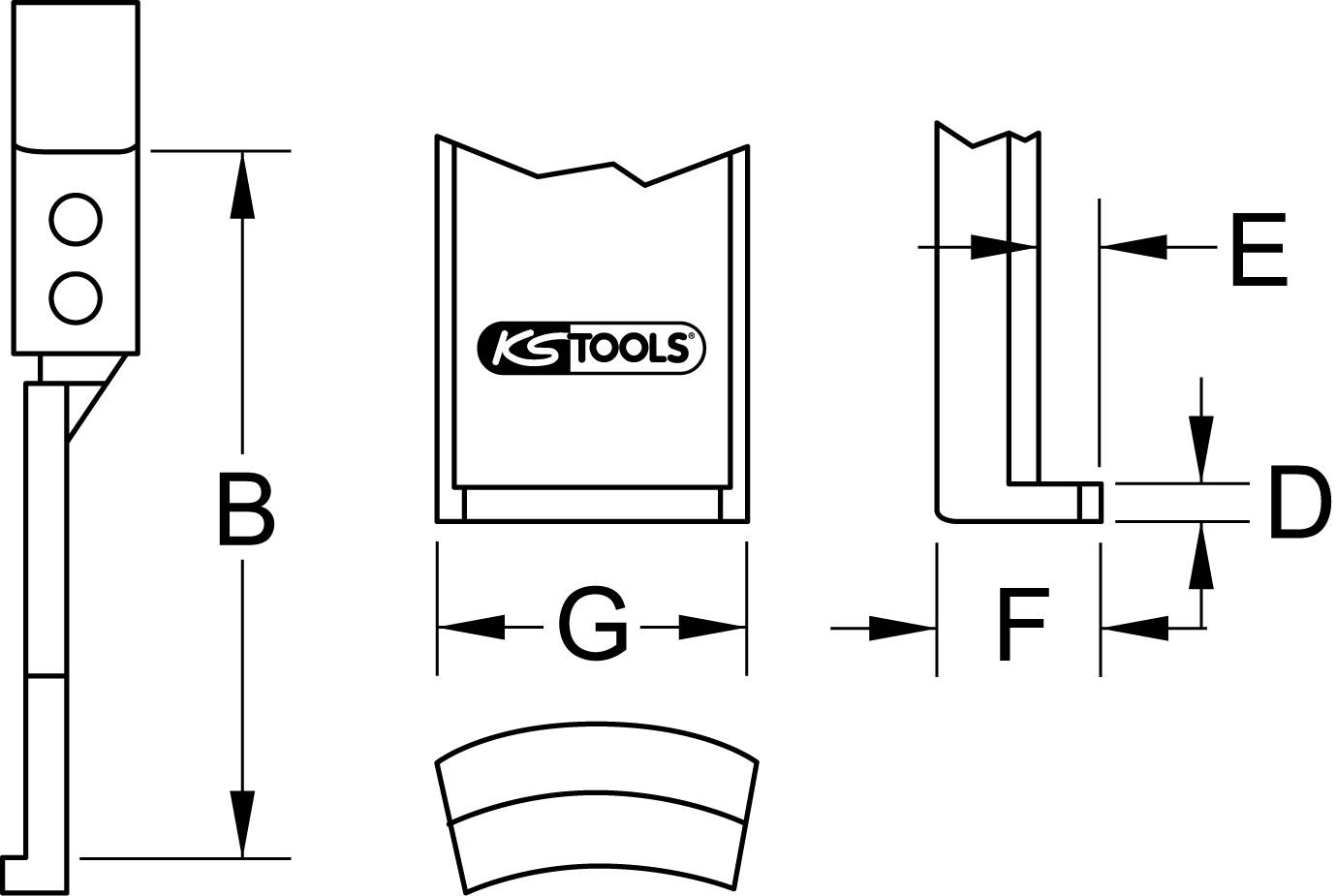 Technische Zeichnung eines Werkzeugs mit Maßen: Höhe (B), Breite (E), Tiefe (D), Zwischenraum (F), Gesamtlänge (G). Markiert mit 'KS TOOLS'.