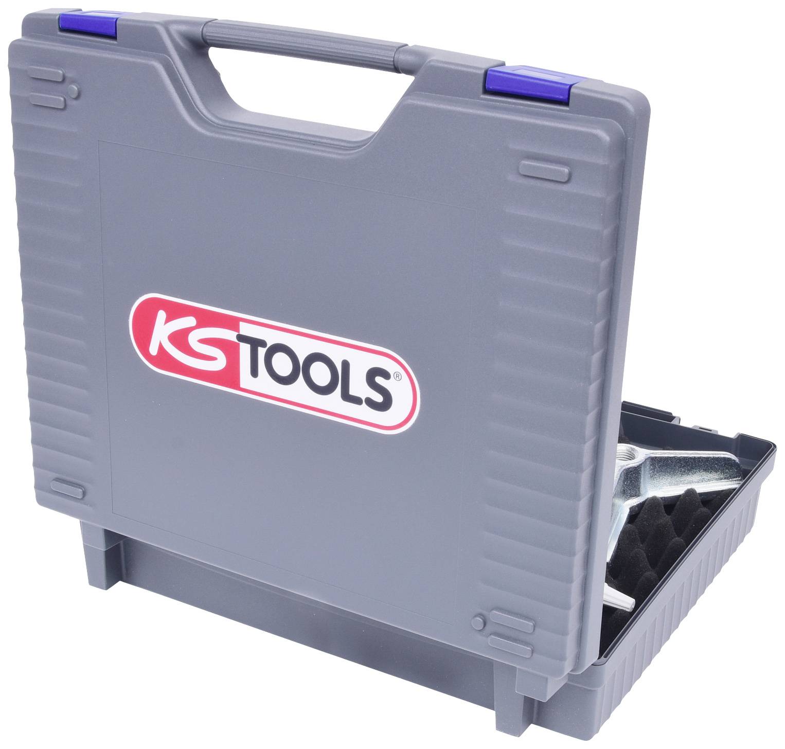 Grauer Werkzeugkoffer von 'KS TOOLS' mit partiell geöffnetem Deckel, zeigt Innenfächer für Werkzeugaufbewahrung.