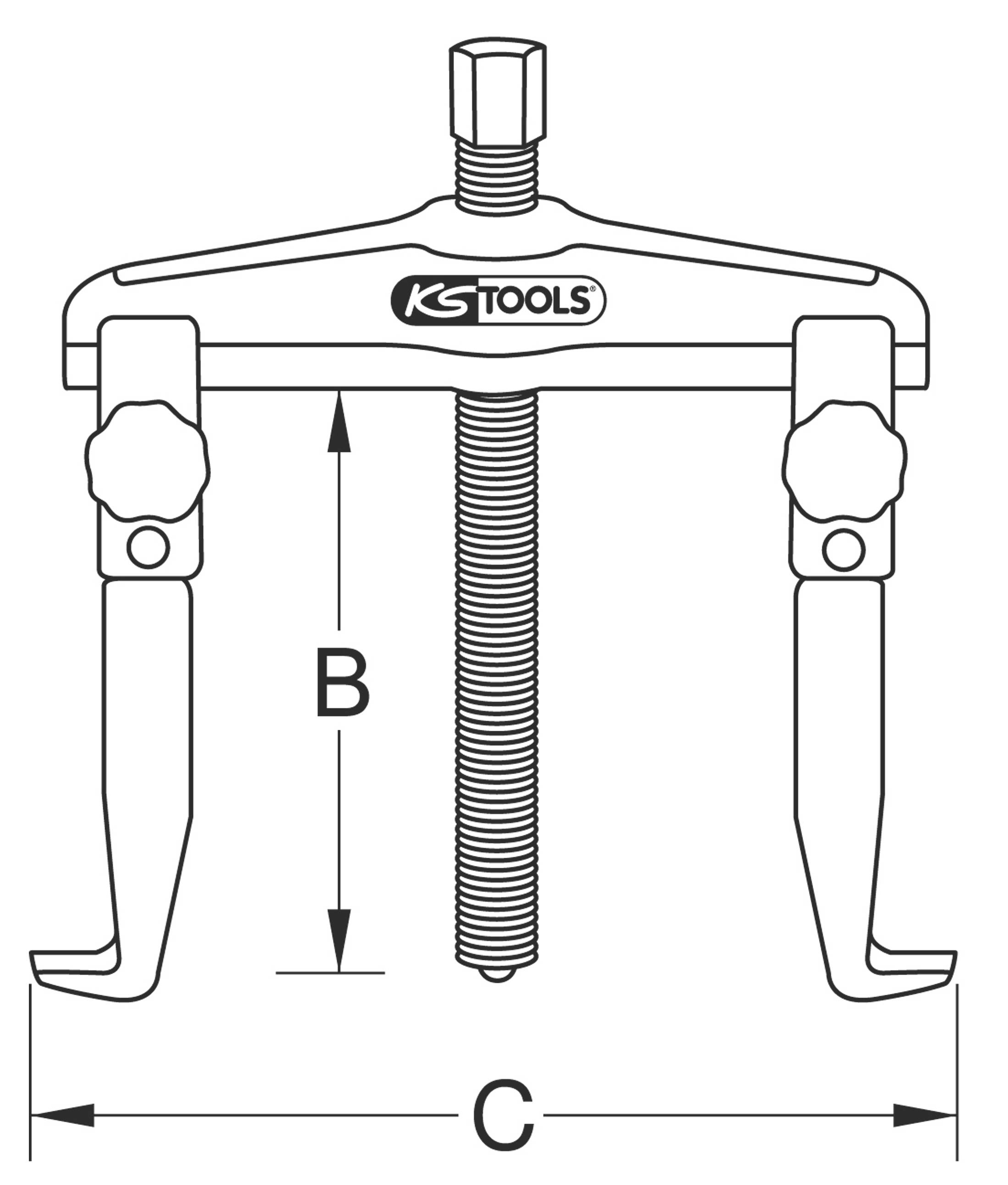 Mechanischer Abzieher mit zwei Armen, Schraube in der Mitte. Markierung auf der Oberseite: 'KS TOOLS'. Pfeile zeigen die Maße B und C an.