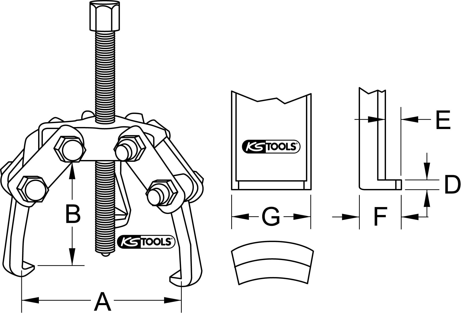'Zeichnung eines Dreiarm-Abziehers mit Maßangaben: A, B, D, E, F, G. Alle Teile sind mit dem KS Tools-Logo markiert.'
