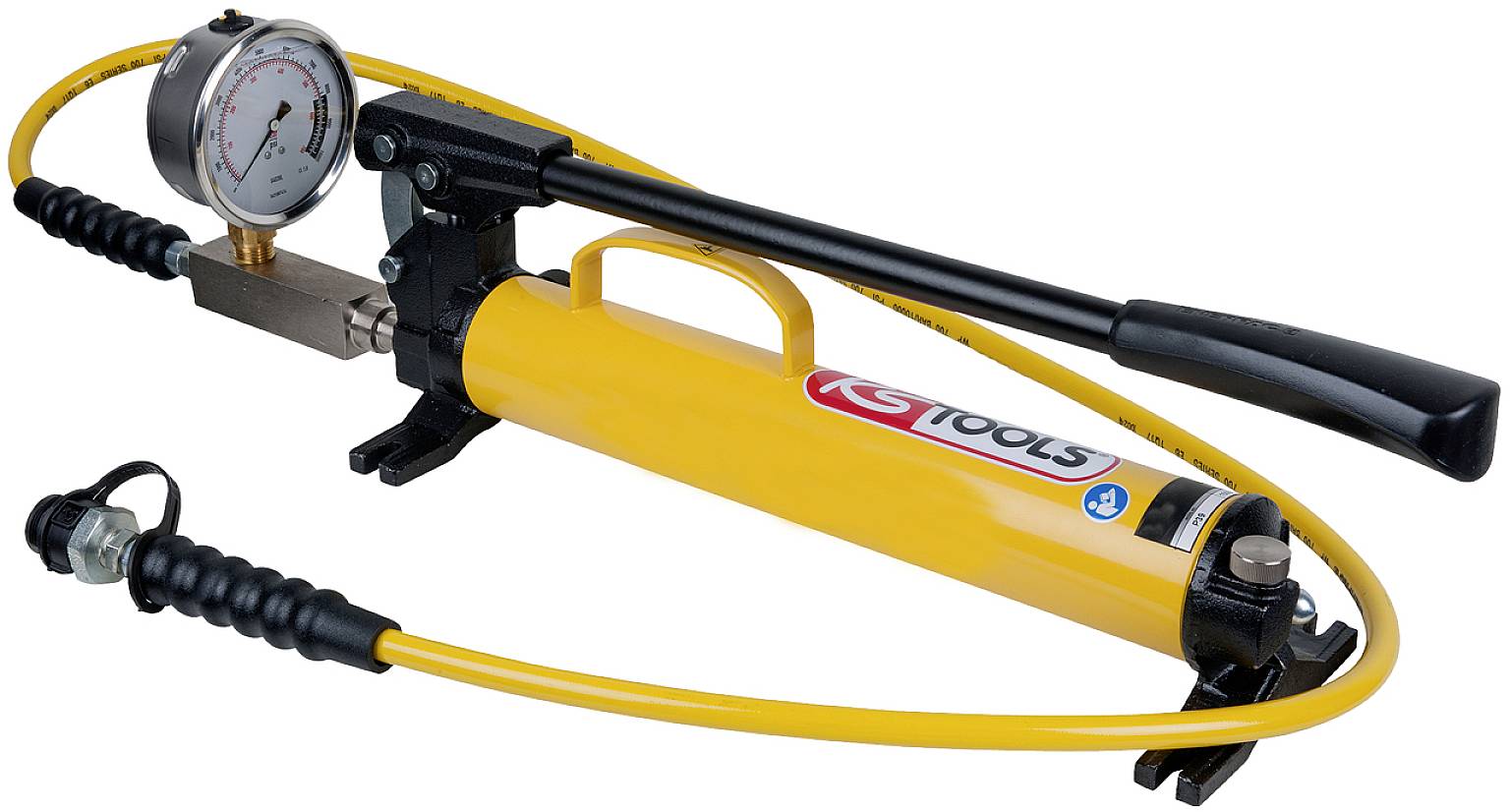 'Gelbe hydraulische Handpumpe mit Druckanzeige und flexiblem Schlauch. Geeignet für Druckprüfungen und industrielle Anwendungen.'