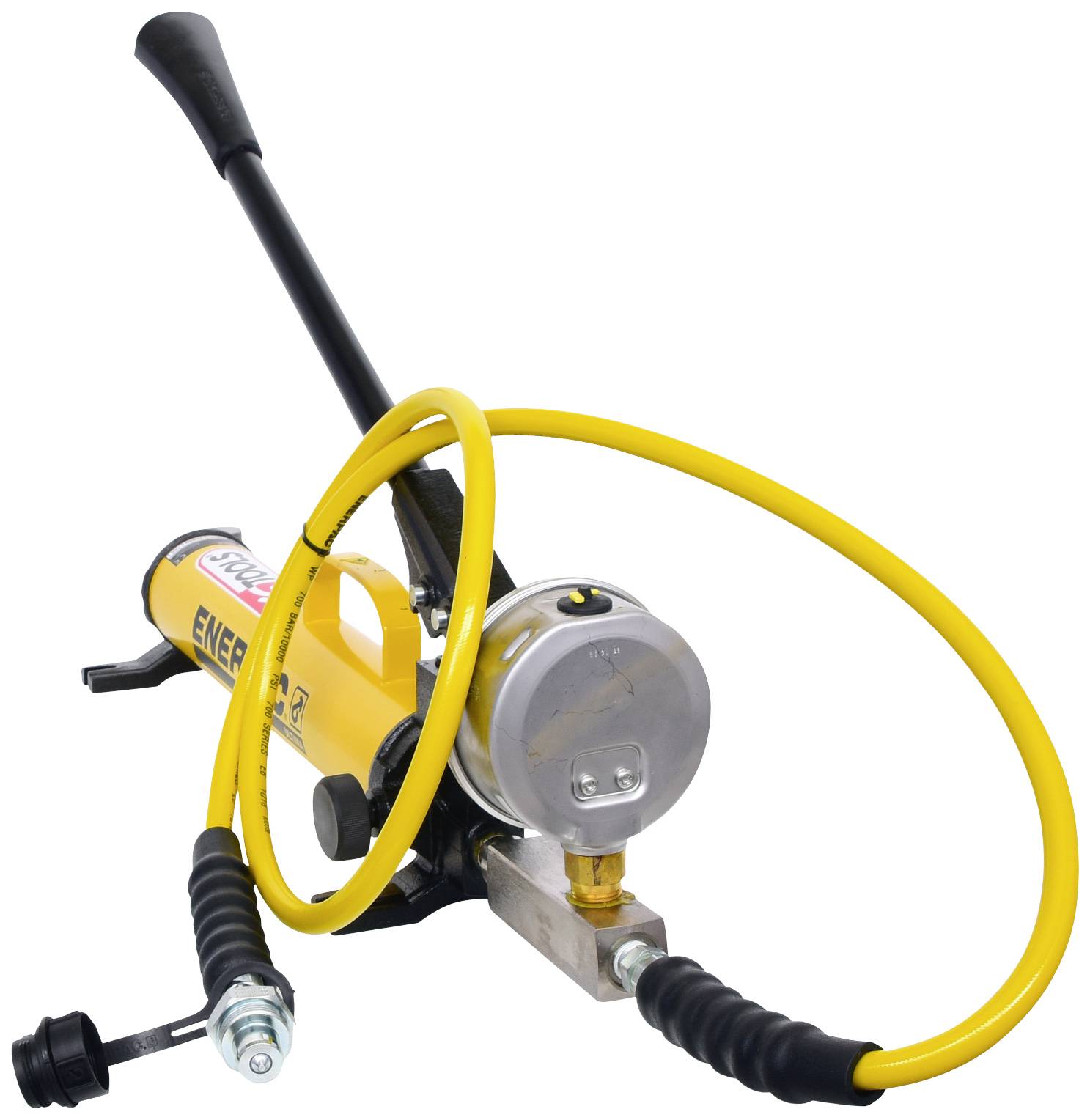 Eine gelbe, manuelle Hydraulikpumpe mit einem langen Hebel und einem gelben Schlauch. Geeignet zur Druckerhöhung in Hydrauliksystemen.