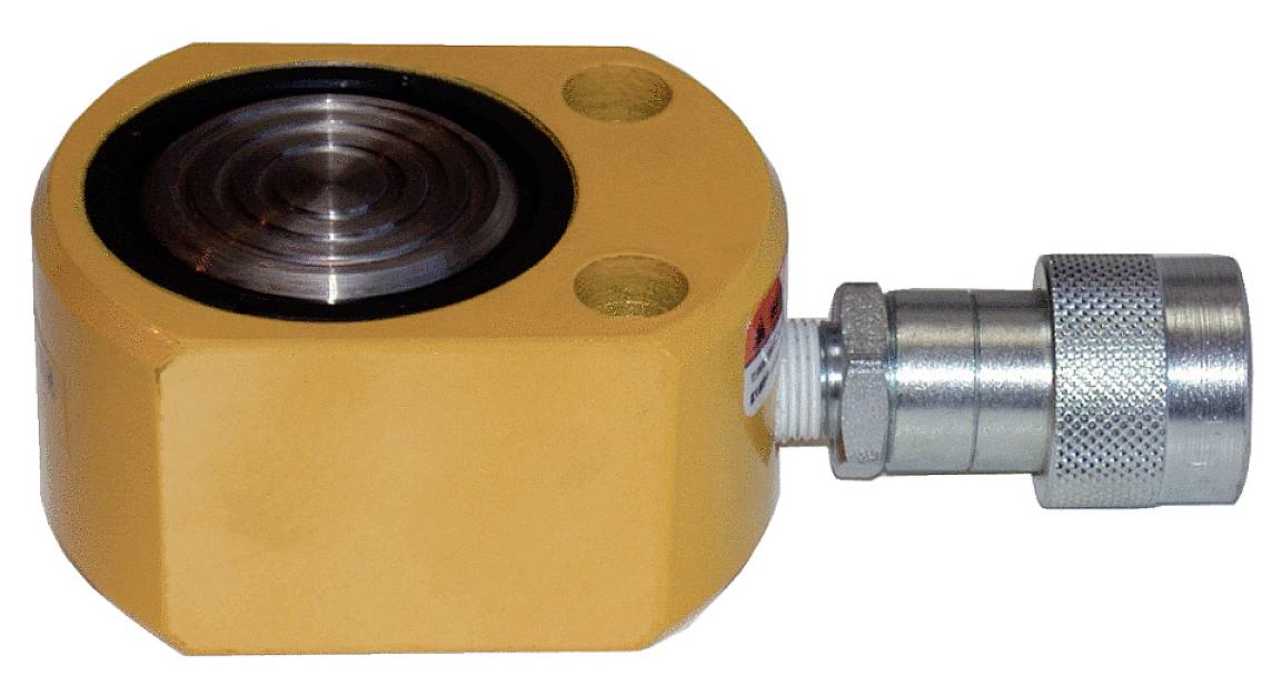 Gelber hydraulischer Zylinder mit rundem Metallkolben oben, Druckanschluss seitlich, verwendet für Hebeanwendungen.