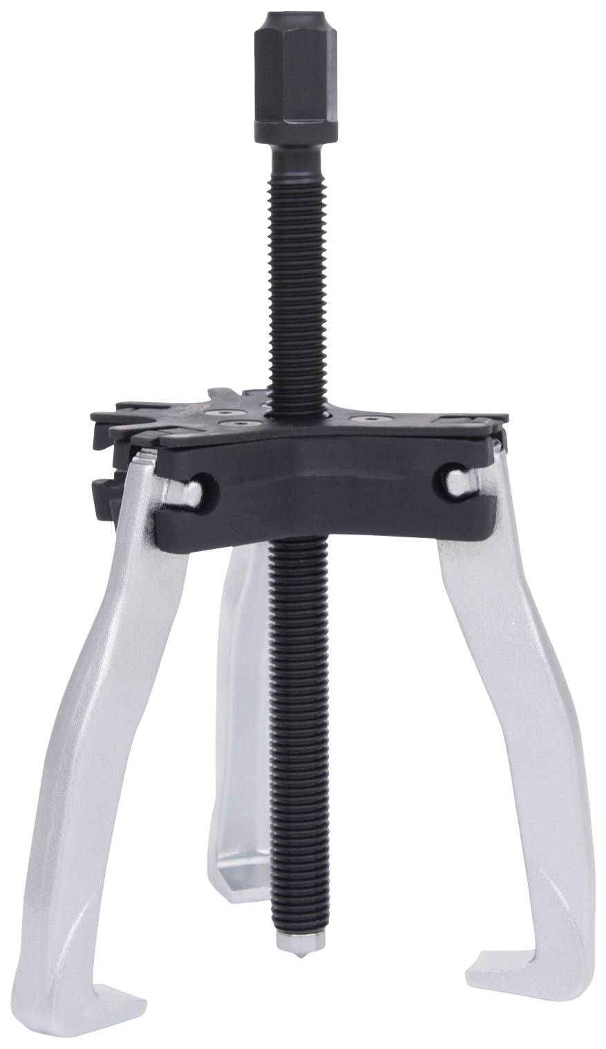 Ein dreibeiniger Abzieher mit einer schwarzen Schraube in der Mitte, verwendet zum Entfernen von Zahnrädern oder Lagern in mechanischen Anwendungen.