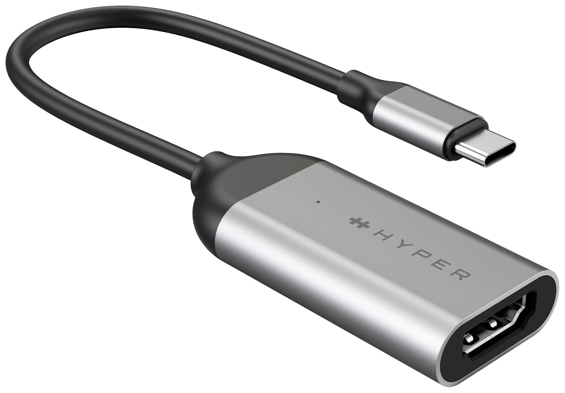 USB-C-auf-DisplayPort-Adapter aus Metall mit einem kurzen Kabel. Geeignet für den Anschluss von Geräten mit USB-C-Anschluss an Anzeigegeräte mit DisplayPort.