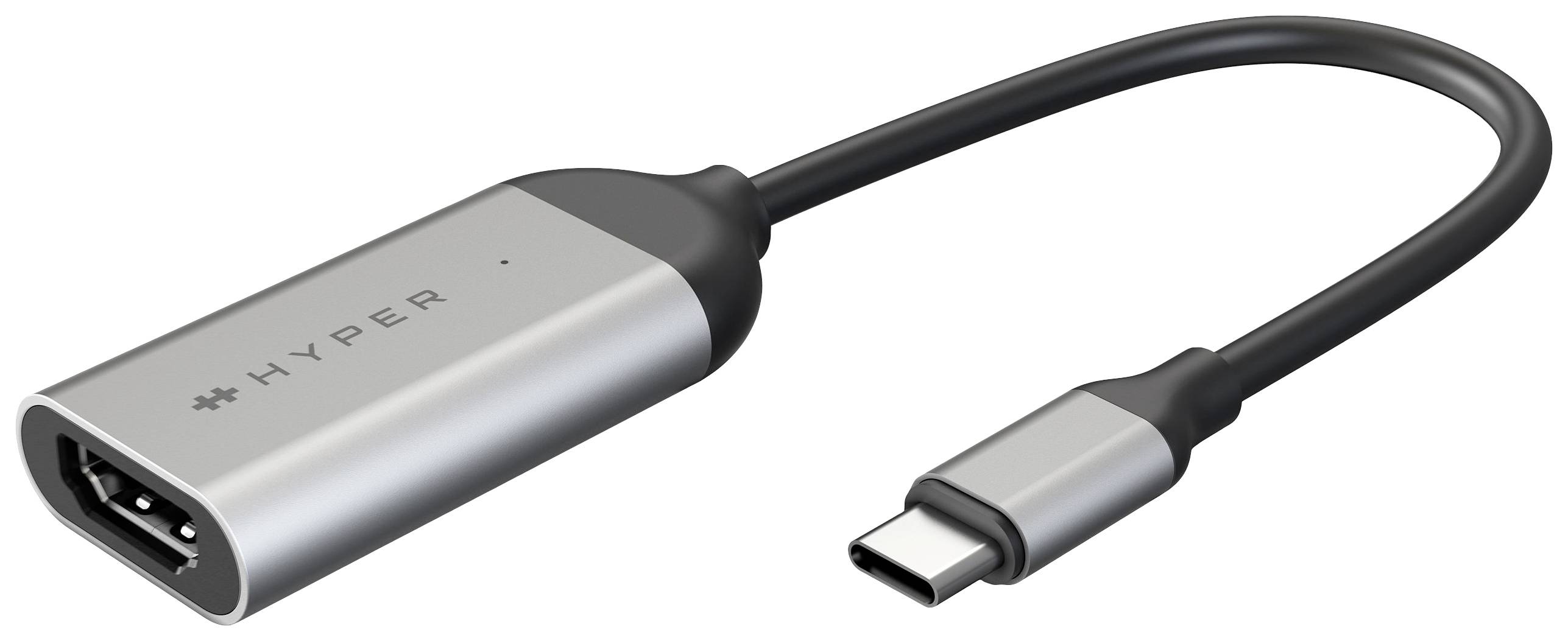 USB-C-zu-HDMI-Adapter mit silbernem Gehäuse und schwarzem Kabel. Auf der Seite steht 'HYPER'. Geeignet zur Verbindung von Geräten.
