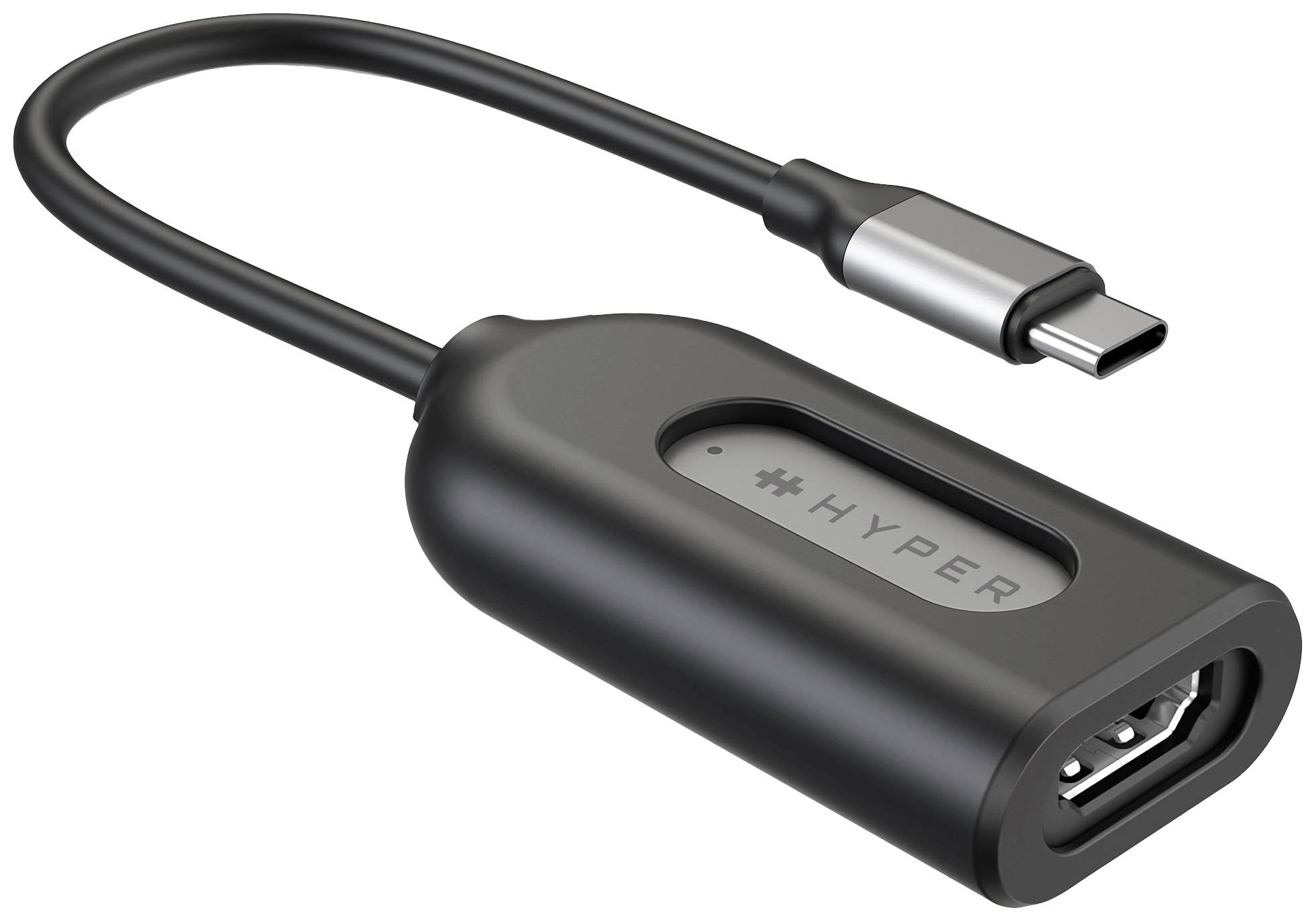 USB-C-Adapter mit HDMI-Anschluss, schwarzes Gehäuse, kompakte Bauweise, Marke 'HYPER'. Geeignet für Laptop- und Monitorverbindungen.