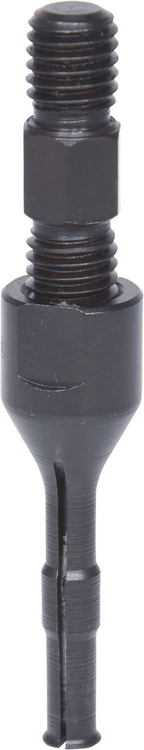 Ein schwarzer Bohrmaschinenadapter mit Gewinde für die Befestigung von Lochsägen.