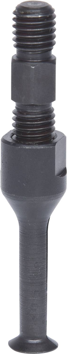 Einzelnes schwarzes mechanisches Teil, vermutlich eine Schraube oder Bolzen, mit unterschiedlichen Gewindebereichen und glatten Abschnitten.