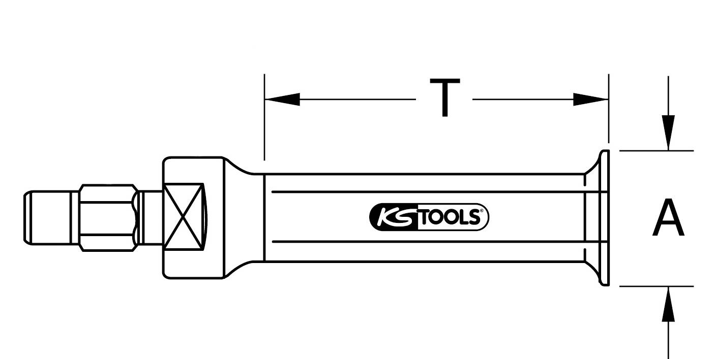Technische Zeichnung eines Werkzeugs der Marke KS Tools. Zeigt Maße A und T für spezifische Teile.