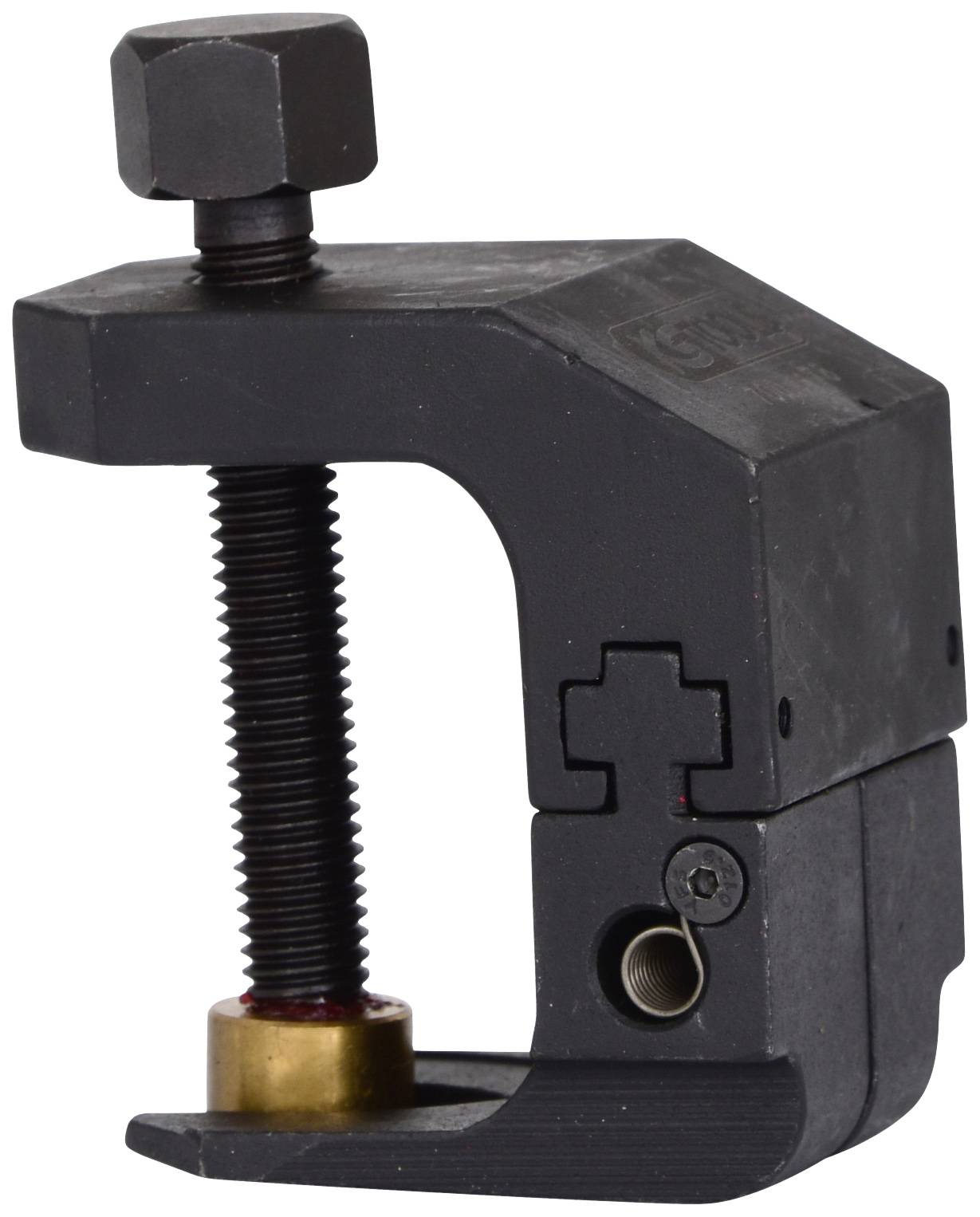 Schraubzwinge aus Metall mit Gewinde, schwarzer Farbe, zur Befestigung oder Druckausübung auf Objekten.