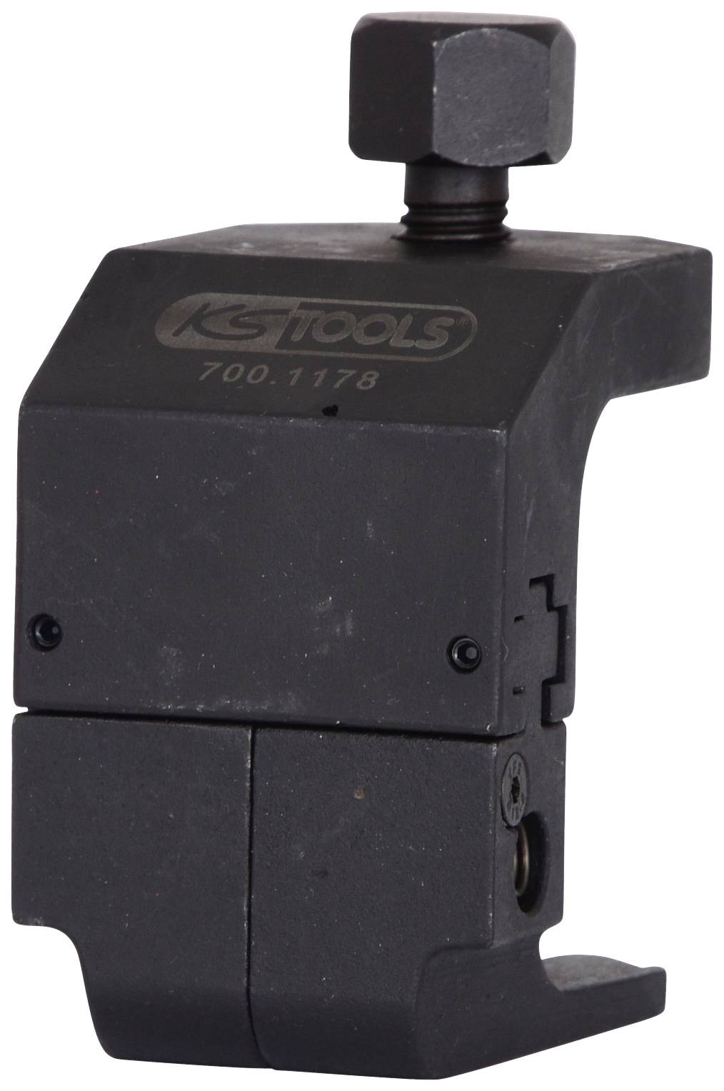 Schwarze Metallklemme mit Schraube, offenbar Werkzeughalterung, mit Logo und Nummer '700.1178' auf der Oberfläche.