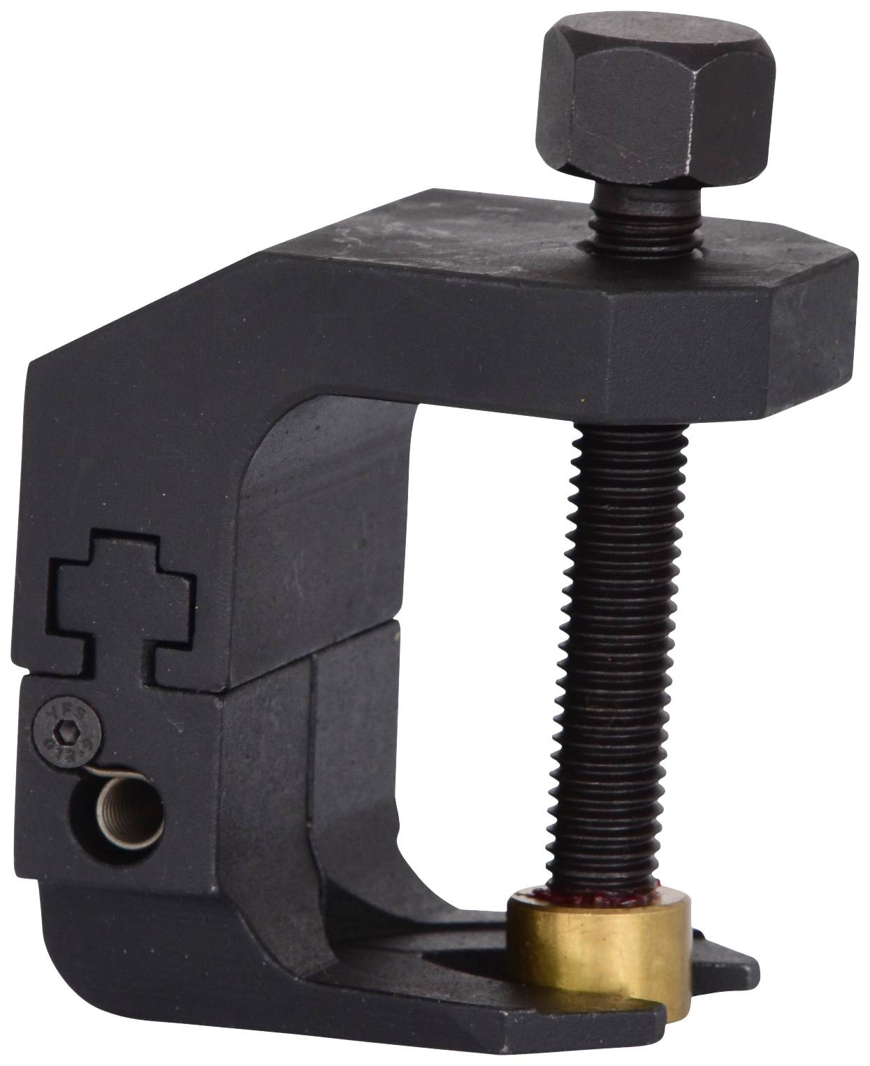 'Schraubzwinge aus Metall mit drehbarer Schraube und quadratischem Kopf, verwendet zum sicheren Befestigen von Objekten.'