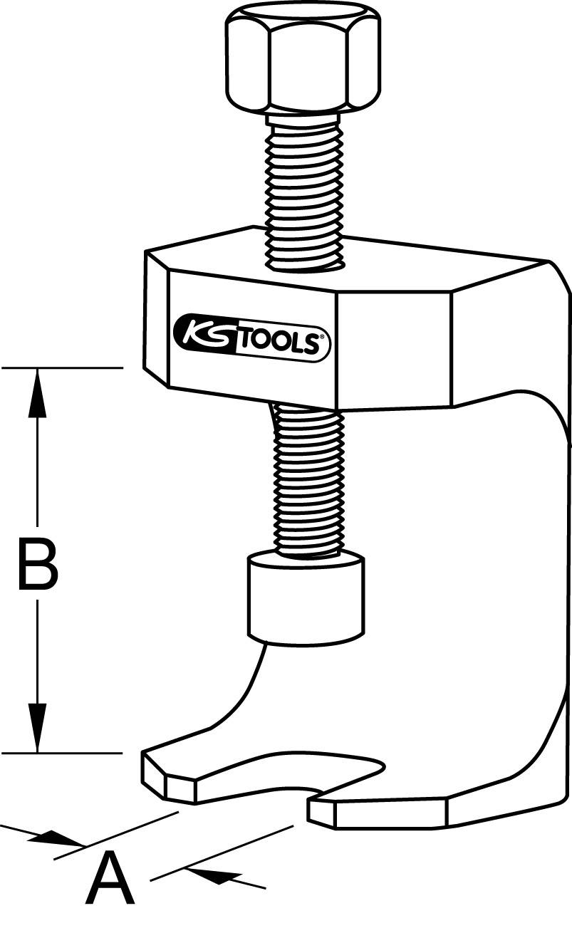 Schwarz-Weiß-Illustration eines Abziehers mit einem Schraubmechanismus. Markiert sind die Abmessungen A und B zur Messung.