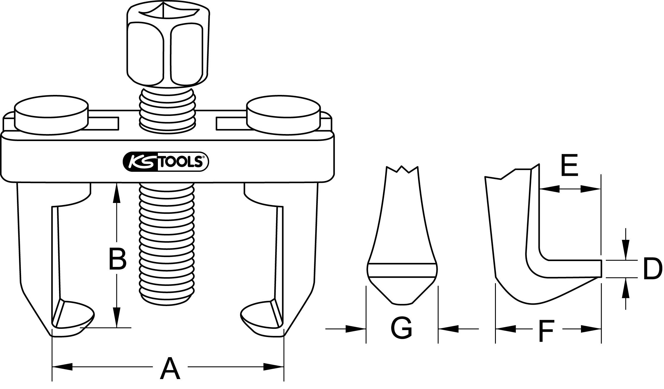 'Zeichnung eines Abziehers von KS Tools mit Maßangaben A, B, D, E, F, G für präzise Anwendung.'