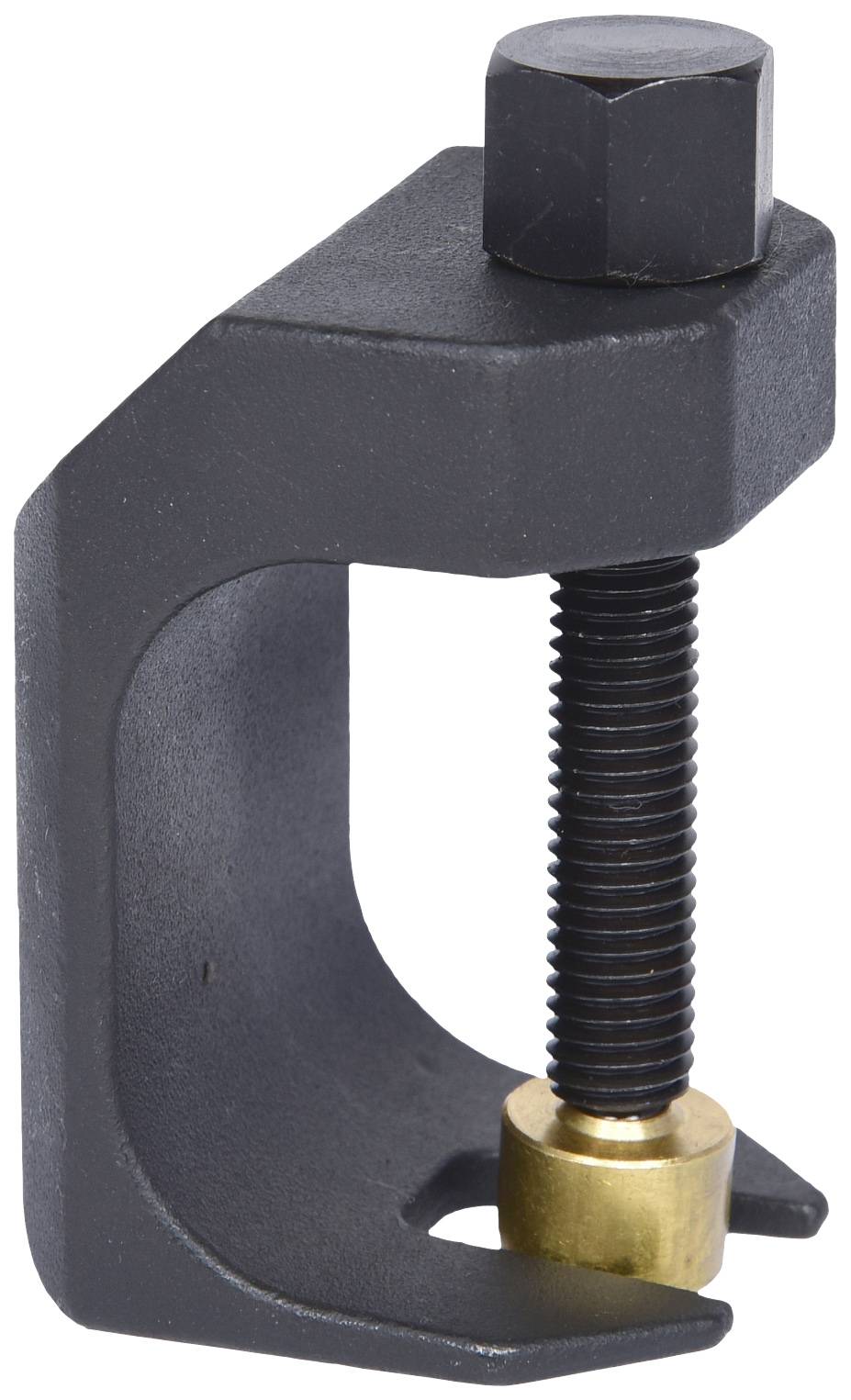 Schwarze Schraubklemme aus Metall mit goldener Befestigung. Sie wird in Werkzeugen und Befestigungen verwendet.