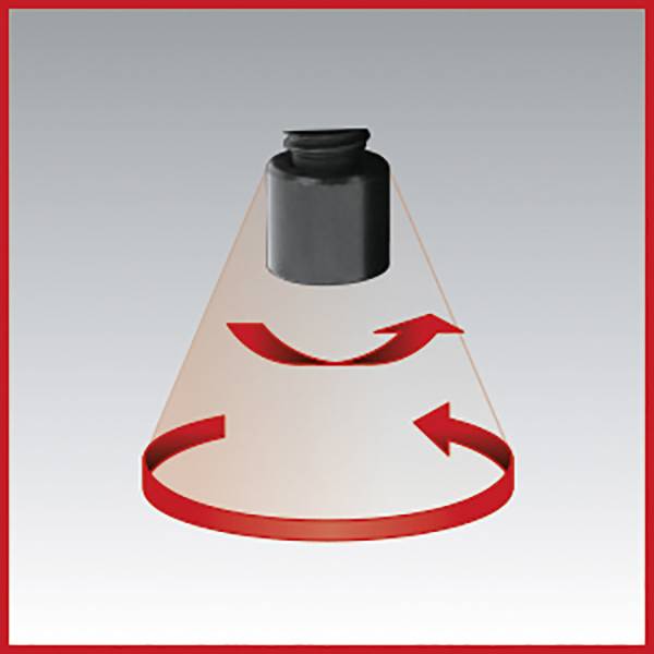 Ein schwarzer Zylinder rotiert innerhalb eines rot markierten Kegels. Rote Pfeile zeigen die Richtung der Rotation nach links an.