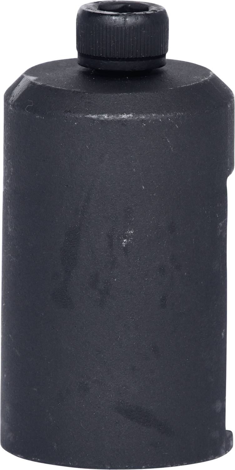 Ein schwarzer, zylindrischer Behälter mit Schraubverschluss, möglicherweise für Flüssigkeiten oder Pulver.