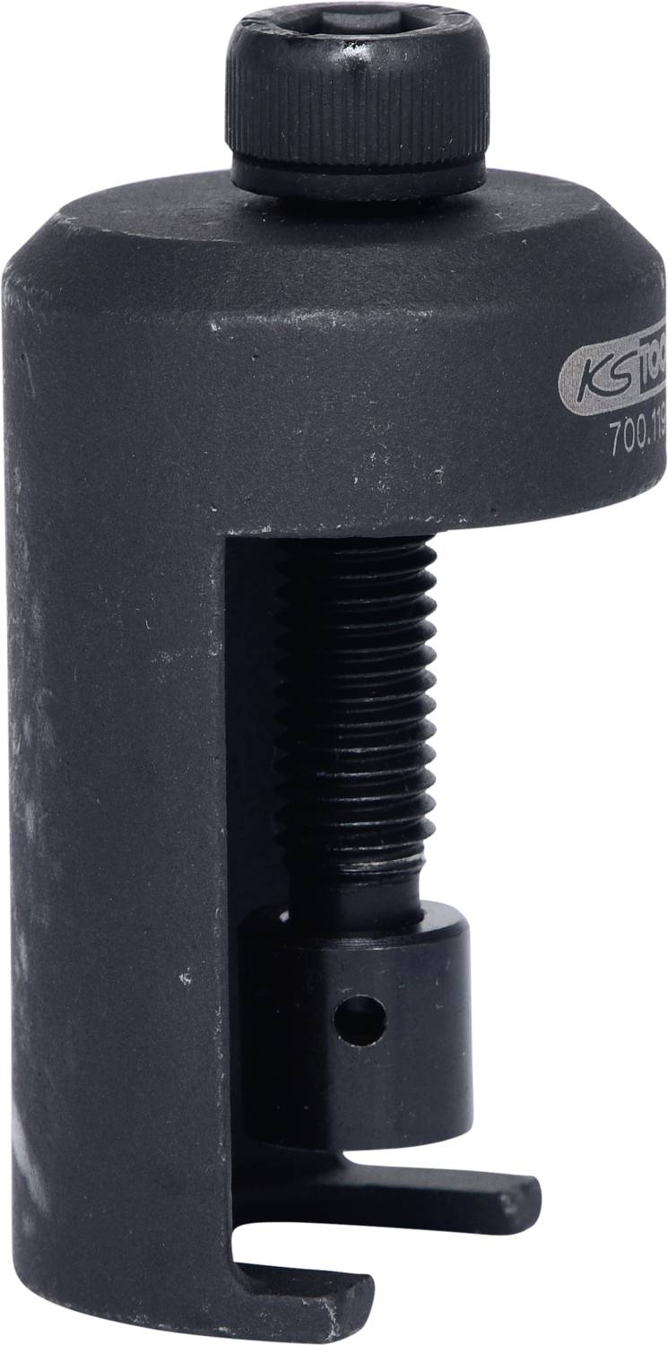 Ein schwarzer Abzieher mit Schraubmechanismus, der zum Entfernen von fest sitzenden Teilen verwendet wird, wie zum Beispiel Kugelgelenken.