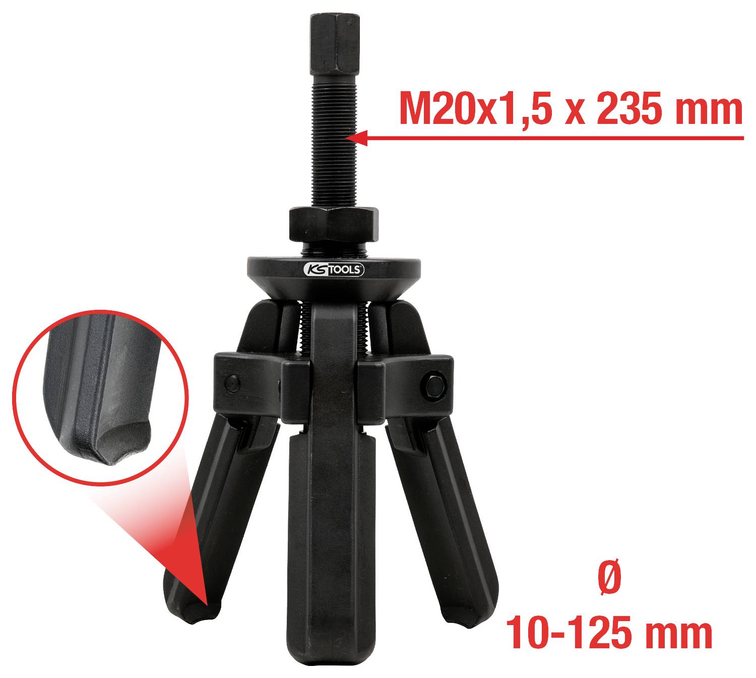 'Dreiarmiger Abzieher' mit verstellbarer Spannweite von 10-125 mm und einer Schraube M20x1,5 x 235 mm, für Verbindungen.