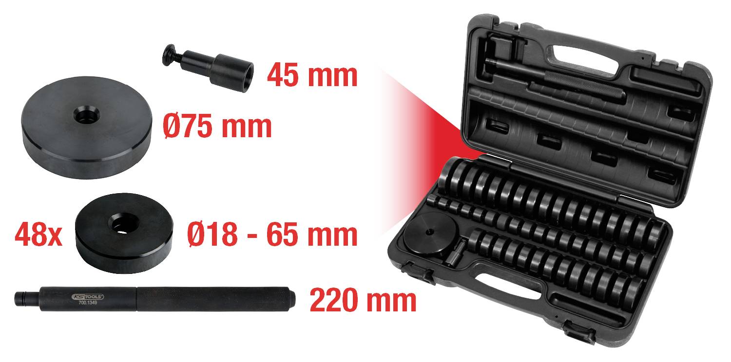 'Werkzeugset in Kunststoffkoffer, enthält diverse runde Komponenten und Steckteile. Größenangaben: Ø75 mm, Ø18-65 mm, Stab 220 mm, Aufsatz 45 mm, 48 Stk.'