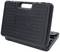 Schwarzer Werkzeugkoffer mit Griff und eingeprägtem Logo. Koffer steht leicht geöffnet, zeigt Werkzeuge innen nicht sichtbar.