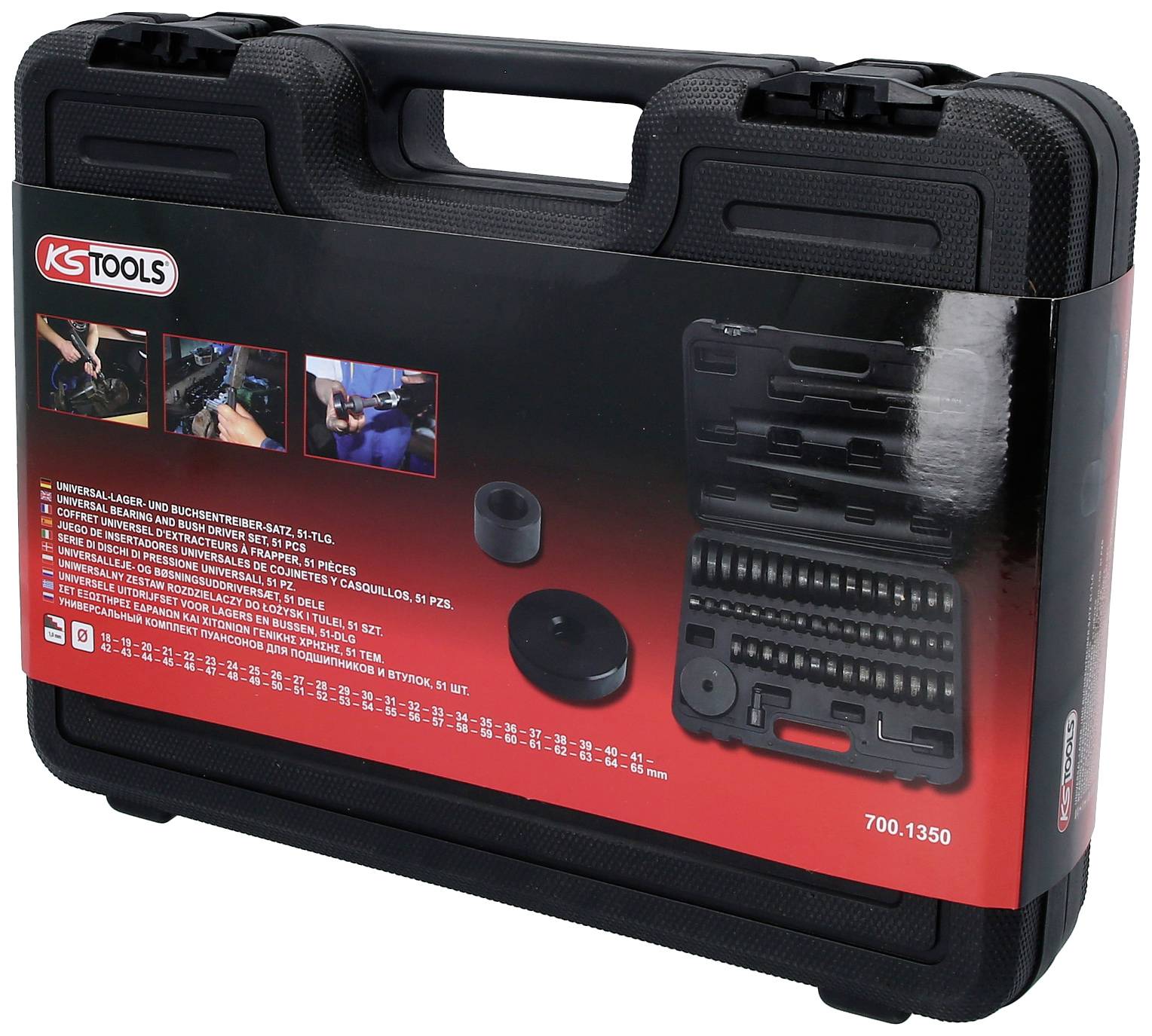 'Satz an Werkzeugen in einem schwarzen Kunststoffkoffer mit roten Akzenten, Markenname KS Tools auf dem Etikett.'