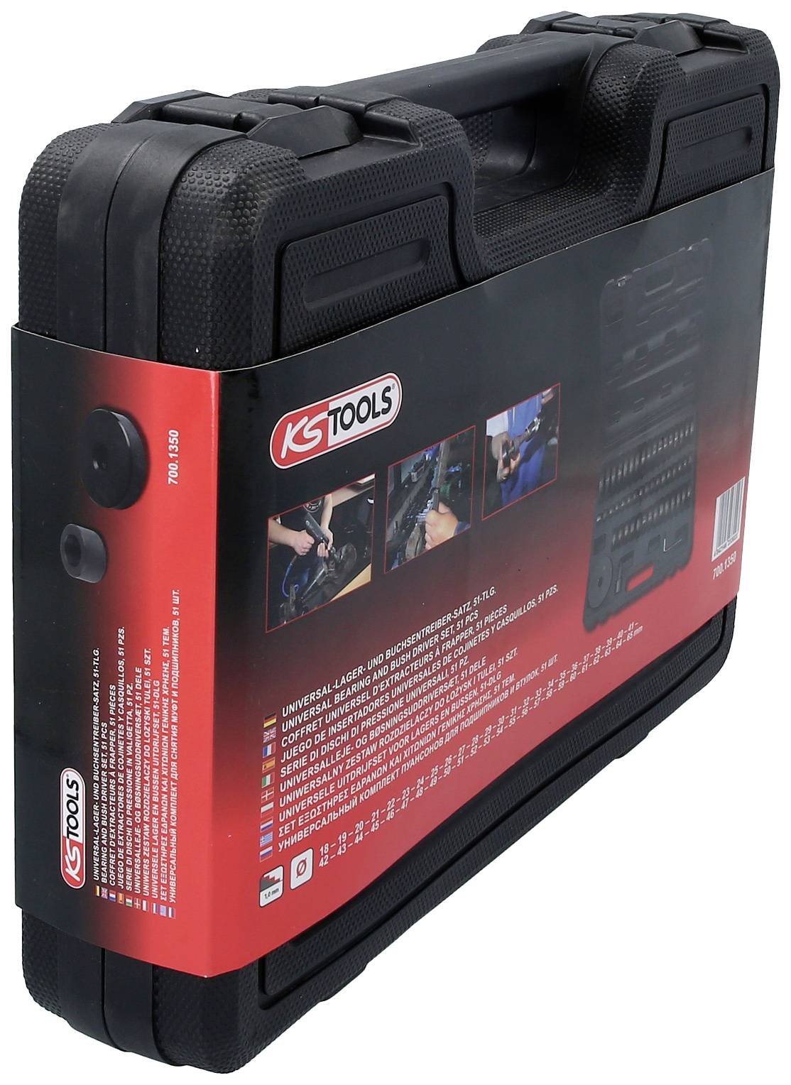 'KS Tools' Werkzeugkoffer, schwarz mit rotem Etikett, zeigt Werkzeuge und Bilder von ihrer Anwendung, ideal für Handwerker.