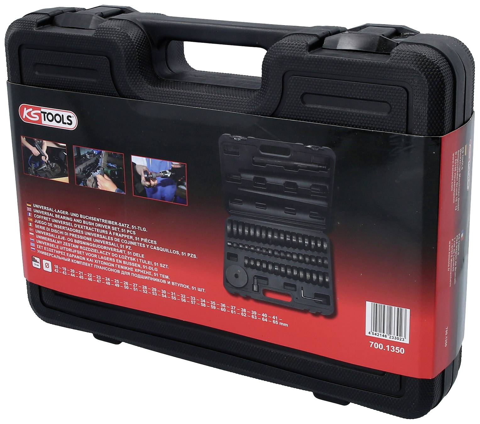 Schwarzer Werkzeugkoffer mit rotem Etikett. Enthält ein Set aus Schraubenschlüsseln und Stecknüssen verschiedener Größen von KS Tools.
