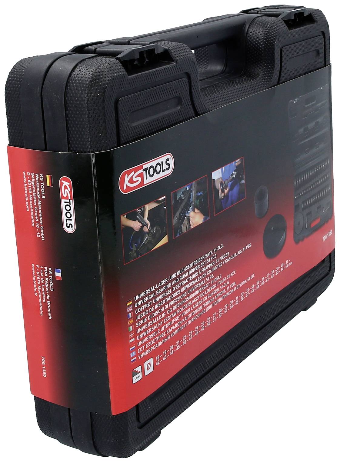 Schwarzer Werkzeugkoffer der Marke KS Tools, abgebildet mit rotem Etikett und Produktinformation auf der Vorderseite, in Trageansicht.