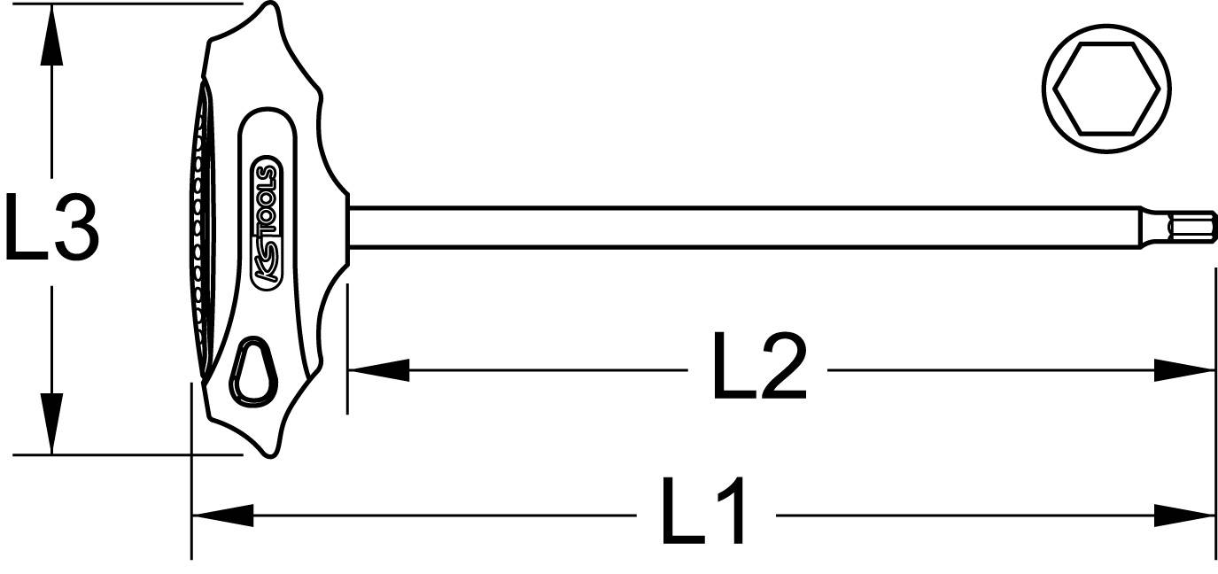 'T-Griff-Schlüssel mit langem Schaft, Maße L1, L2, L3 angegeben. Griff mit Aufhängemöglichkeit. Sechskant-Profil an der Spitze.'