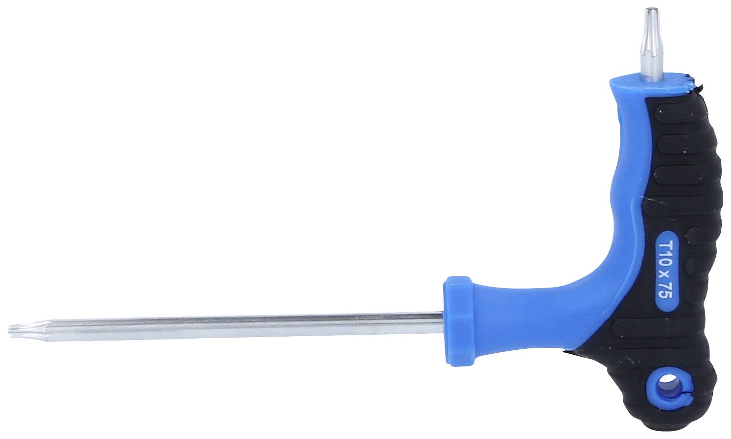 T-förmiger Schraubendreher mit blauem Griff, langer Metallklinge und austauschbarem Schraubaufsatz. Geeignet für verschiedene Anwendungen.