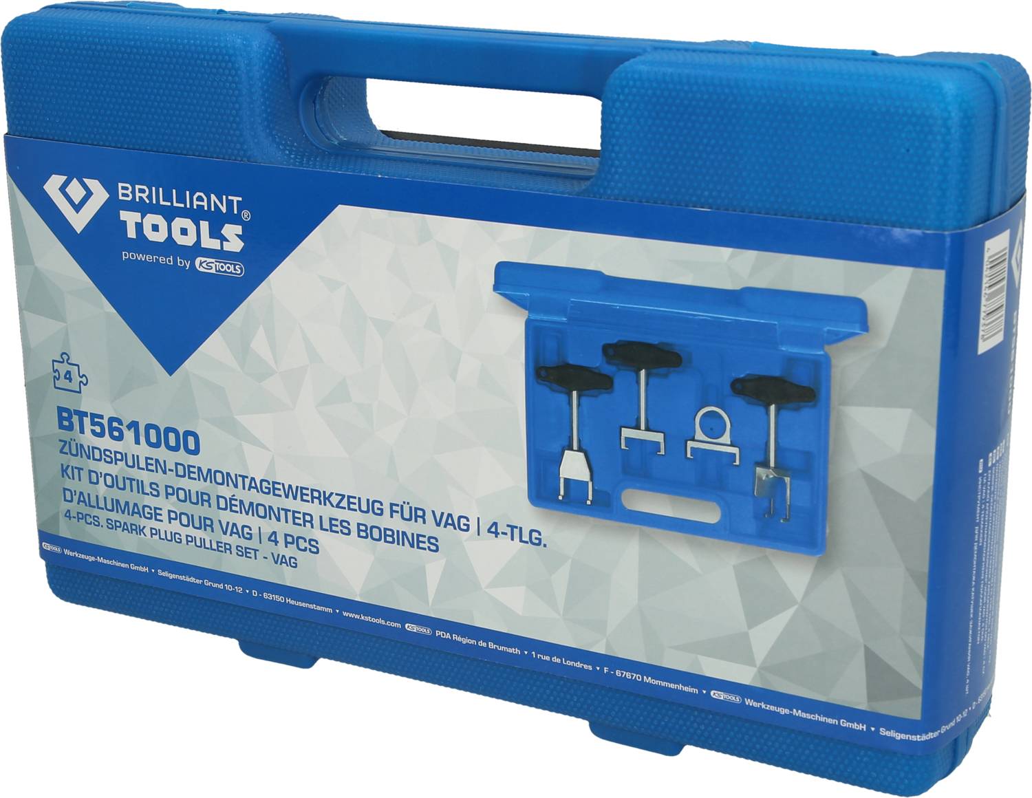 Tragbarer blauer Werkzeugkoffer mit 'Brilliant Tools' Logo. Enthält ein 4-teiliges Zündspulen-Demontagewerkzeugset für VAG.