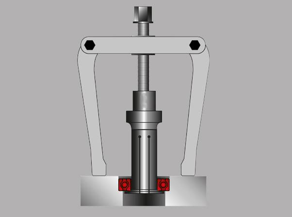 Abbildung eines Abziehers, einer mechanischen Vorrichtung mit Schraube und zwei Armen, zum Entfernen von Bauteilen wie Lagern.