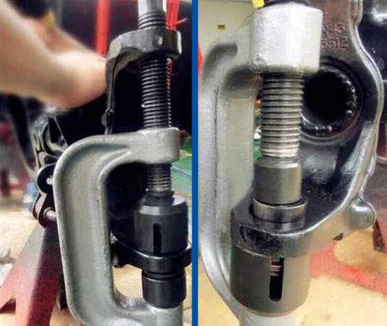 'Zwei Bilder eines Schraubstocks, der ein Werkstück festhält. Links: Ansicht von Hand angepasst. Rechts: Nahaufnahme des Schraubmechanismus.'