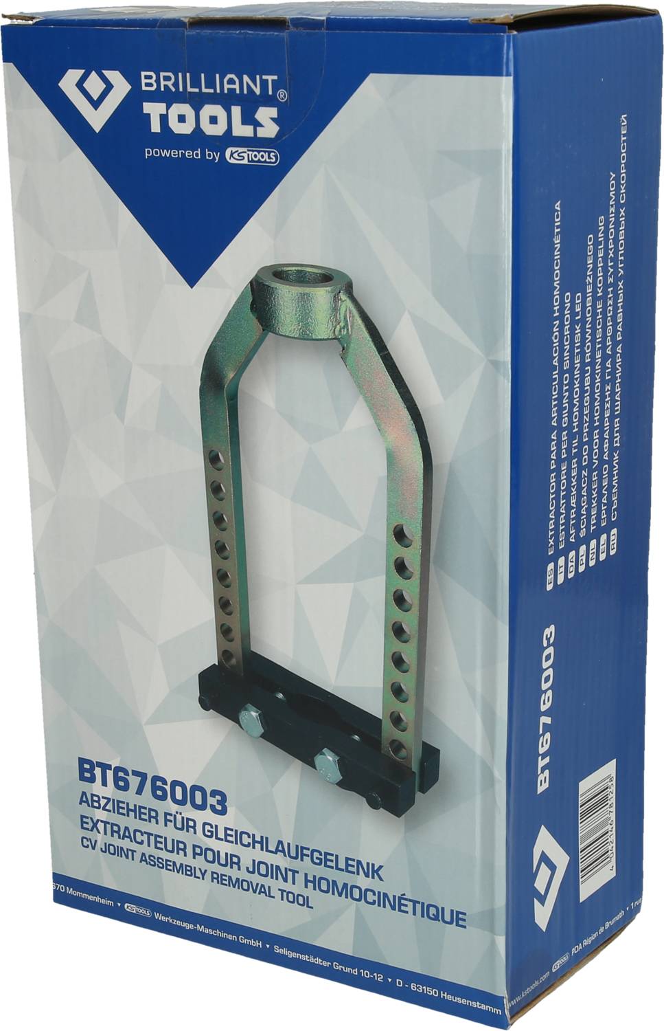 Verpackung eines Abziehers für Gleichlaufgelenke von Brilliant Tools, Modell BT676003. Produktabbildung und Markenzeichen sichtbar.