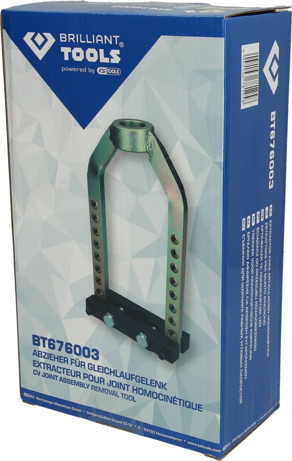 Verpackung eines Werkzeugs zum Entfernen von Gleichlaufgelenken, mit Foto des Werkzeugs und mehrsprachiger Beschreibung.