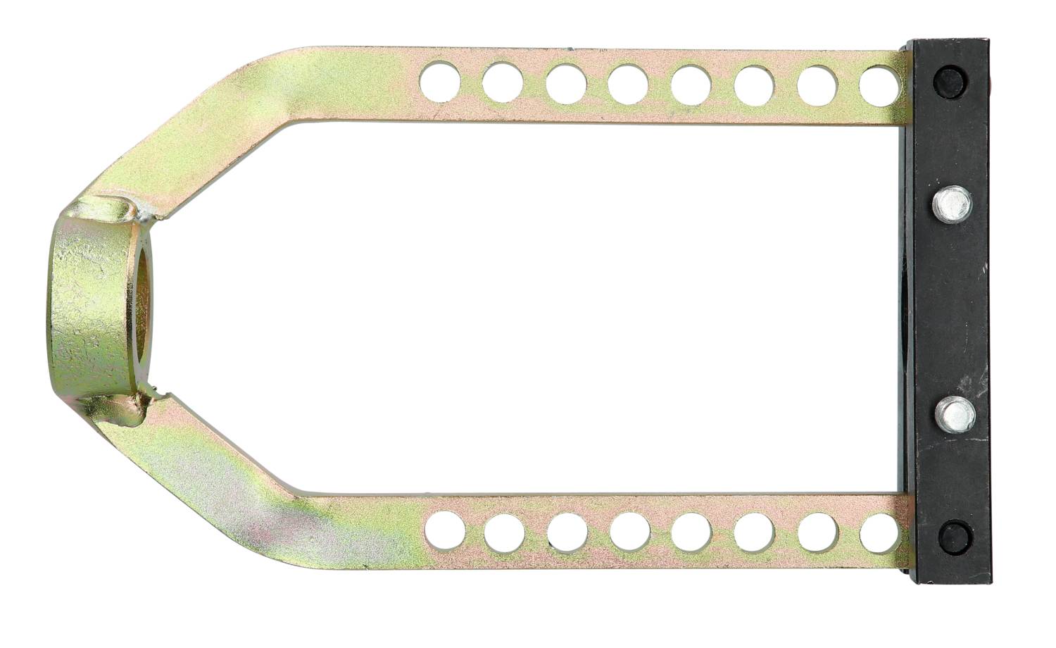 Metallhalterung mit mehreren Löchern und seitlicher Befestigungsleiste.