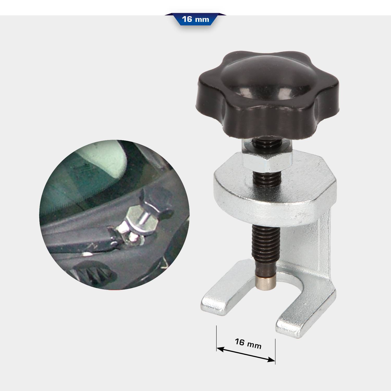 'KFZ-Scheibenlochschneider', ein silbernes Schneidegerät mit schwarzem Drehknopf, 16 mm Spannung. Nahaufnahme der Anwendung an Autofenster.
