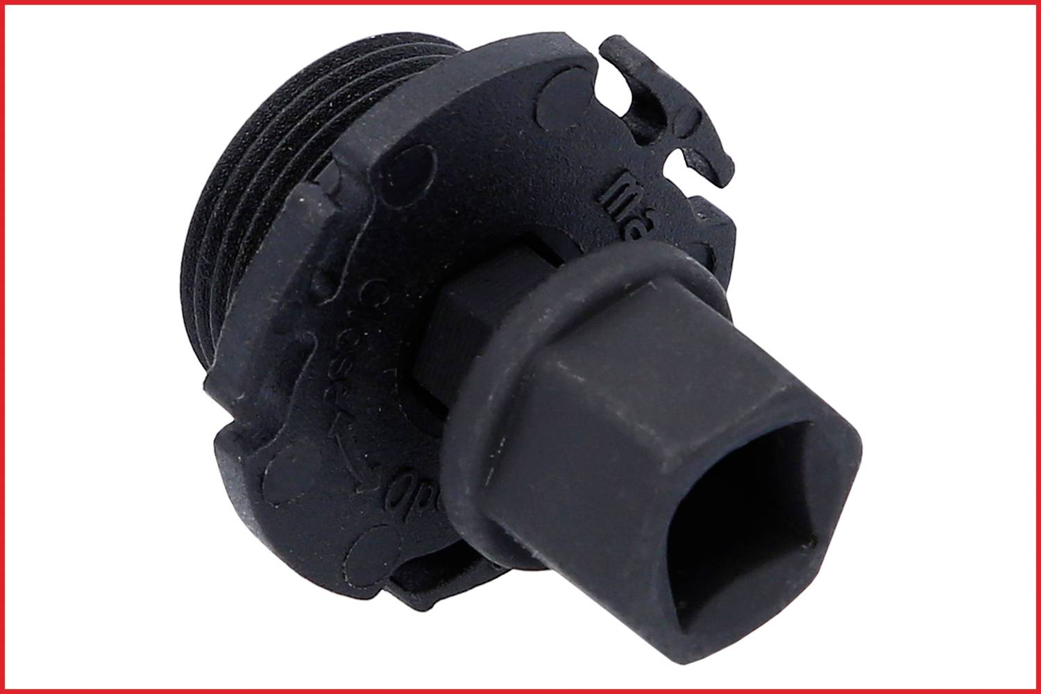 Schwarzer Kunststoff-Adapter mit Gewinde und viereckiger Öffnung, vermutlich für die Verbindung von Rohren oder Schläuchen.