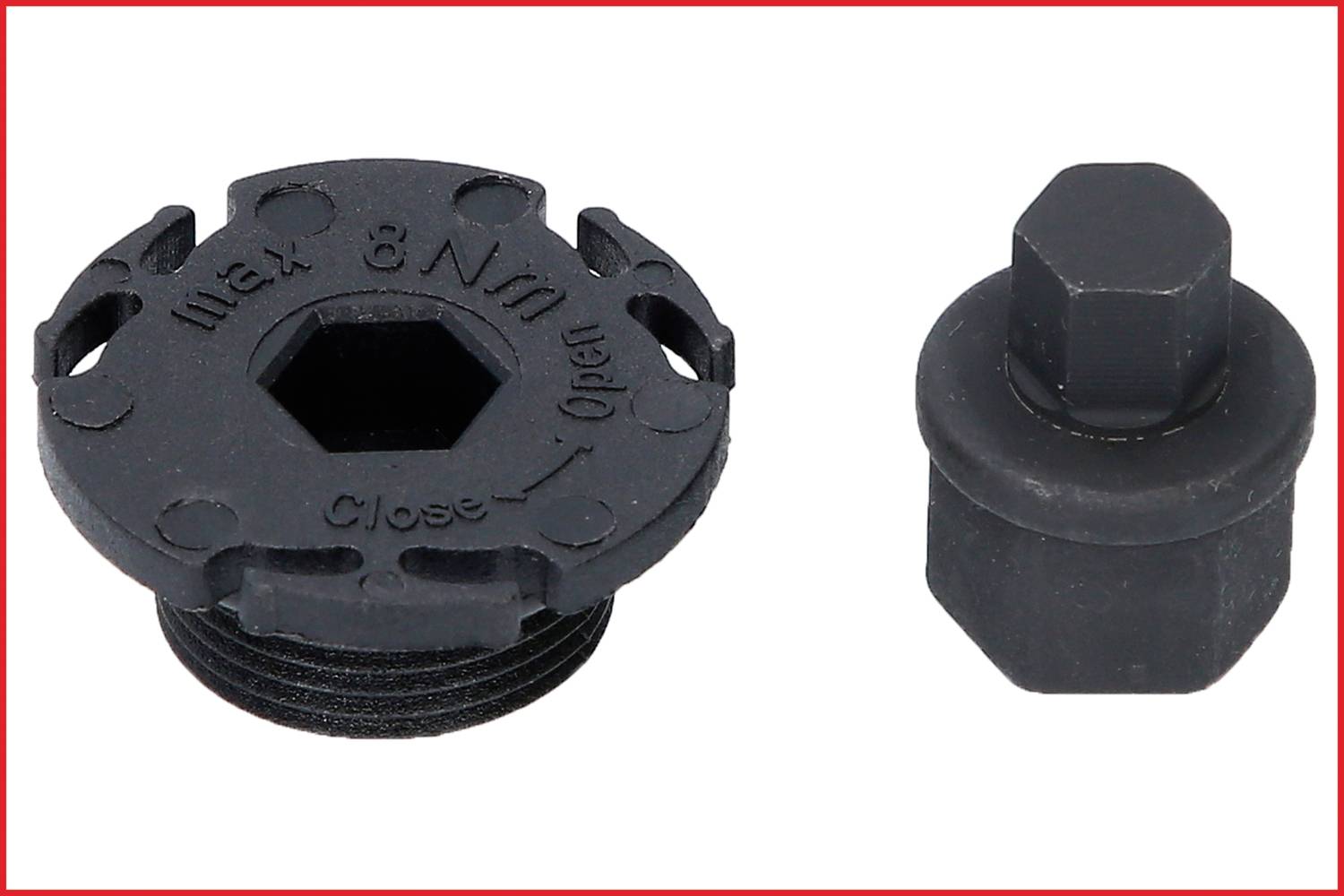 Zwei Metallverschlüsse, der linke mit Aufschrift 'max 8 Nm', daneben ein hexagonaler Verschluss. Verwendung in technischen Anwendungen.