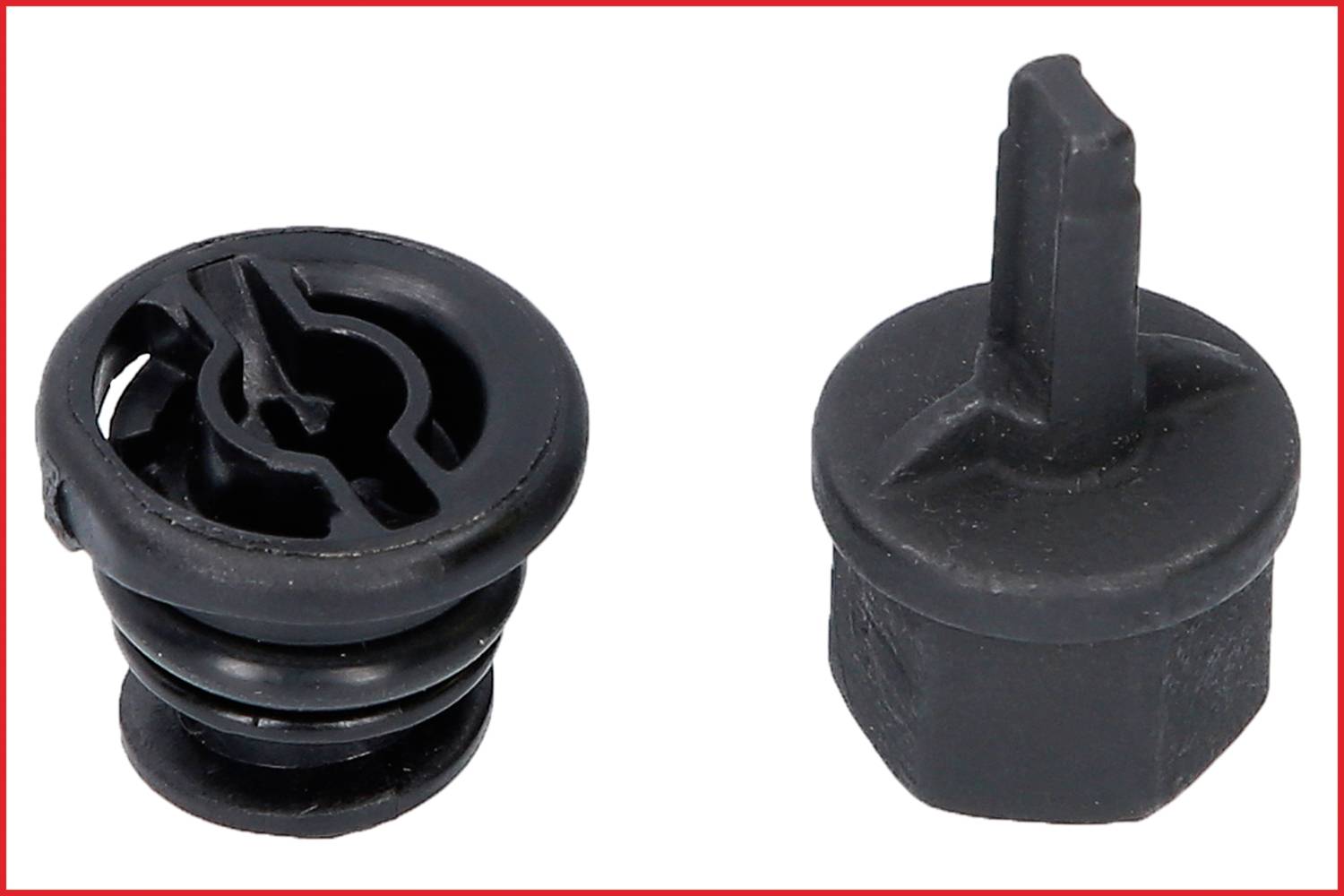 Zwei schwarze Plastikverschlüsse: links rund mit Rillen, rechts hexagonal mit aufstehendem Griff. Beide verwendet für Dichtungen.