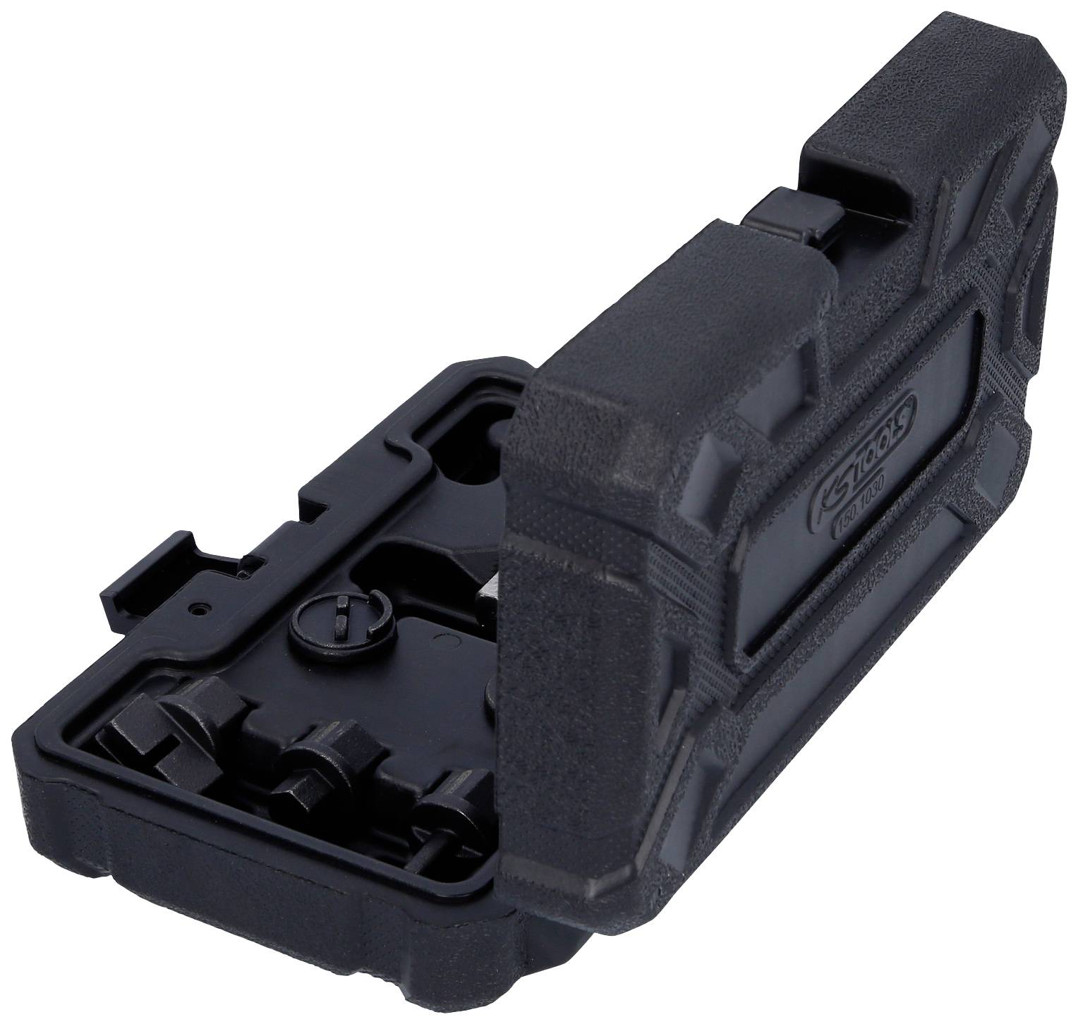 Schwarzer Werkzeugkoffer aus robustem Kunststoff, teilweise geöffnet, zeigt Innenfächer für verschiedene Werkzeuge.