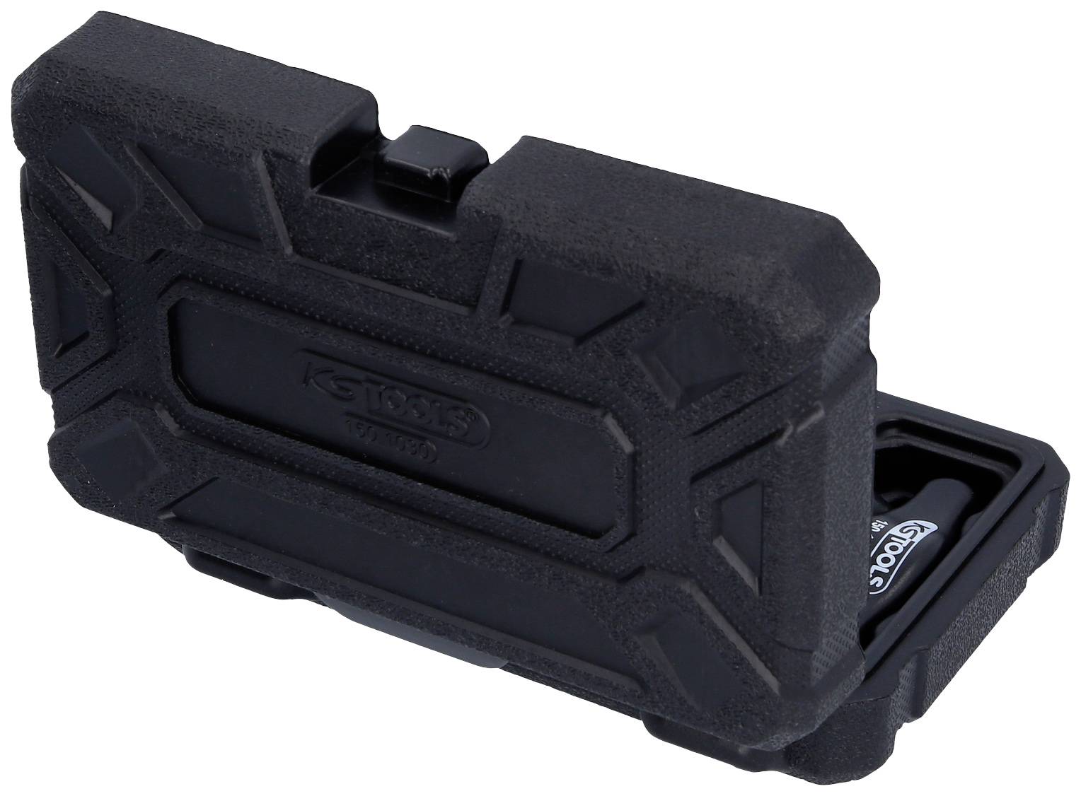 Ein schwarzes, robustes Gehäuse mit Stoßschutz, geöffnet, zeigt einen darin liegenden Akku. Designed für maximalen Schutz und einfachen Zugriff.