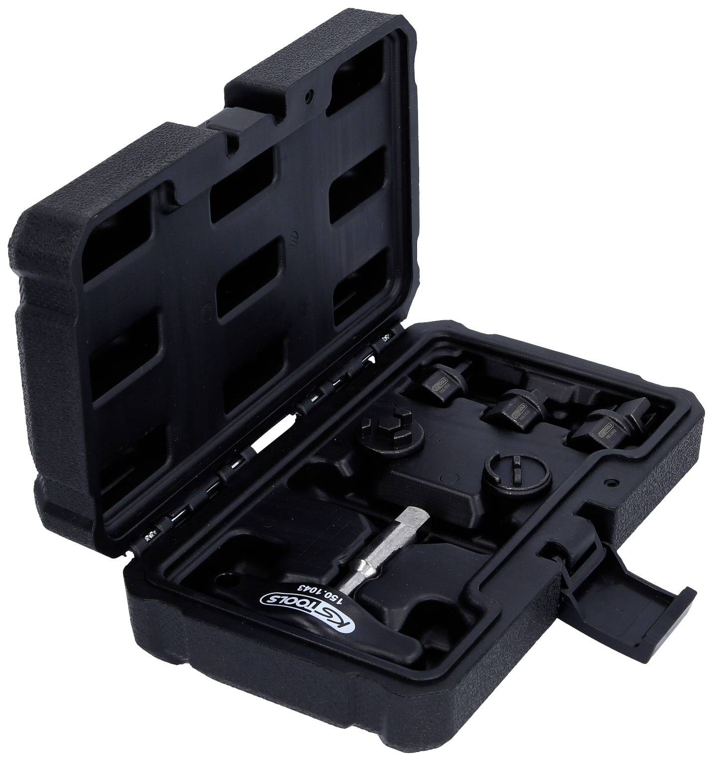 Ein offener schwarzer Werkzeugkoffer mit mehreren Steckschlüsseln und einem Schraubendreheraufsatz.