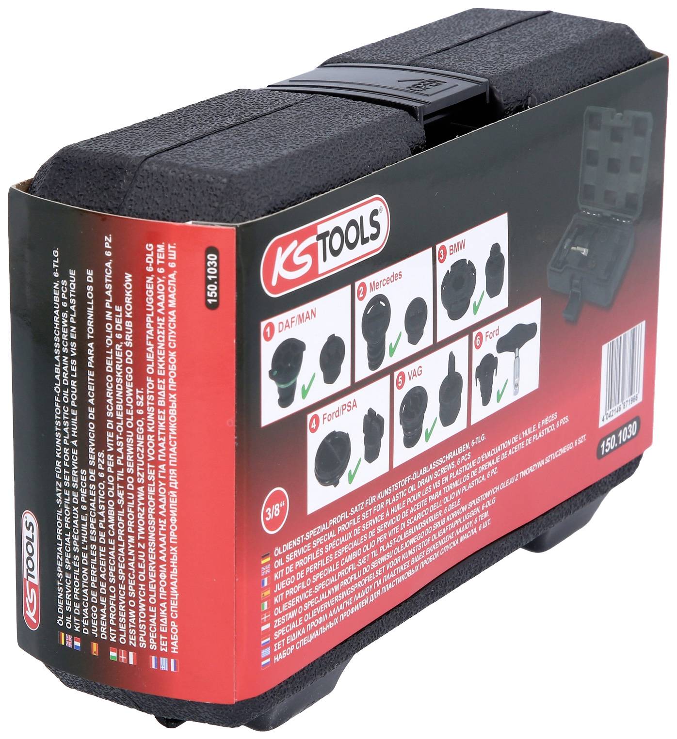 Schwarze Werkzeugkoffer von KS Tools, geeignet für diverse Automarken wie Mercedes, BMW und Ford. Enthält Adapter und Zubehör.