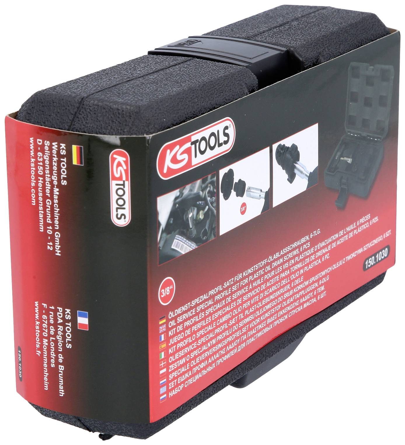 Schwarzes Werkzeugset der Marke 'KS Tools' in einem kompakten, gepolsterten Etui. Seitlich Herstellerinformationen aufgedruckt.