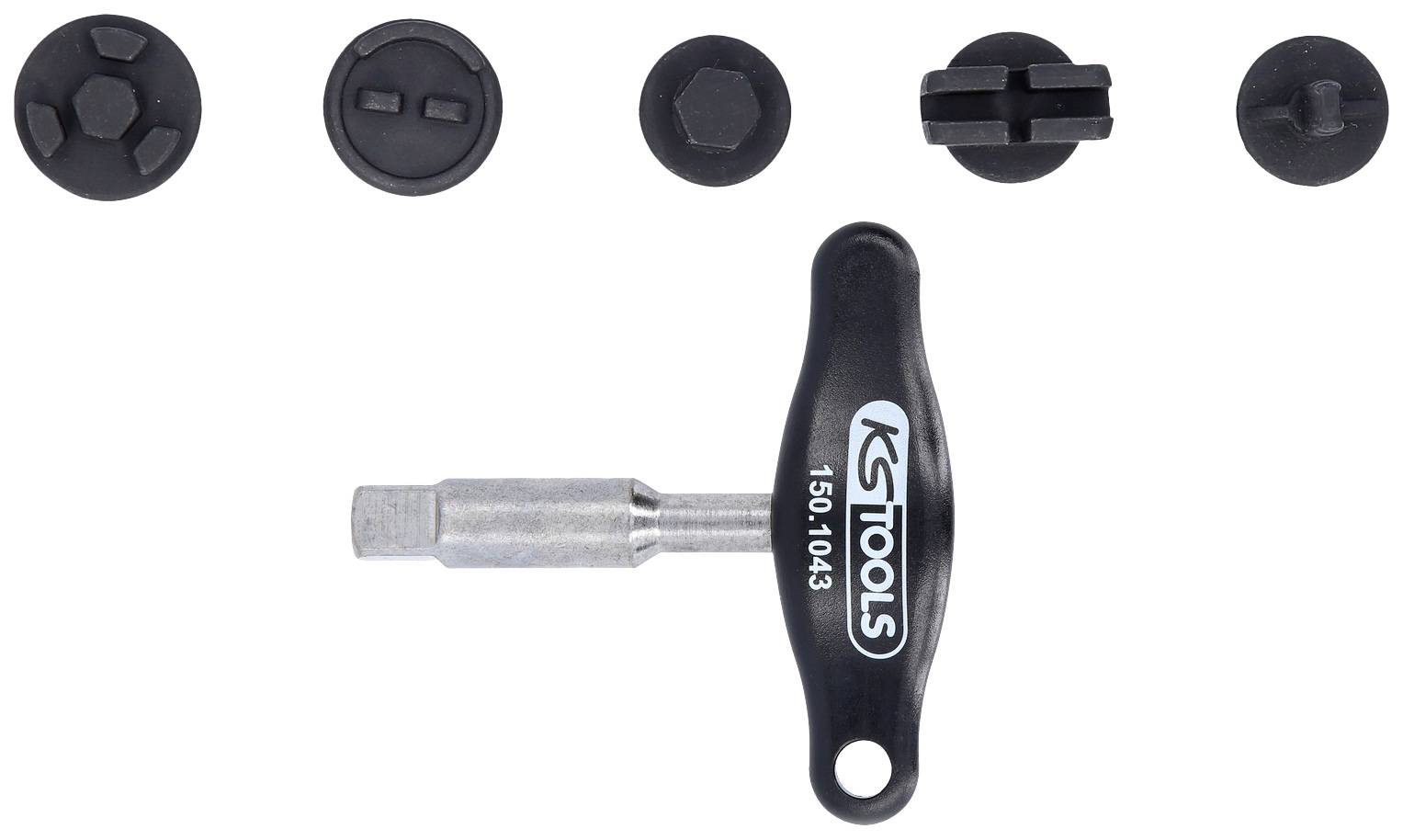 Ein T-Griff-Schlüssel mit fünf verschiedenen Steckaufsätzen darüber, die für unterschiedliche Schrauben- oder Schraubenkopfgrößen verwendet werden.