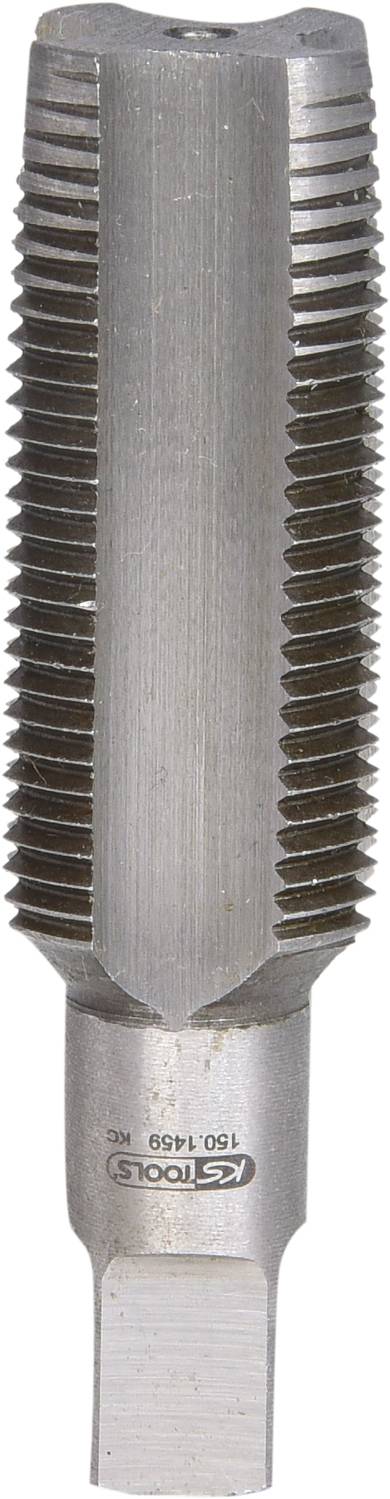 Gewindebohrer aus Metall mit spiralförmigen Schneidkanten, geeignet zum Schneiden von Innengewinden in Werkstücken.